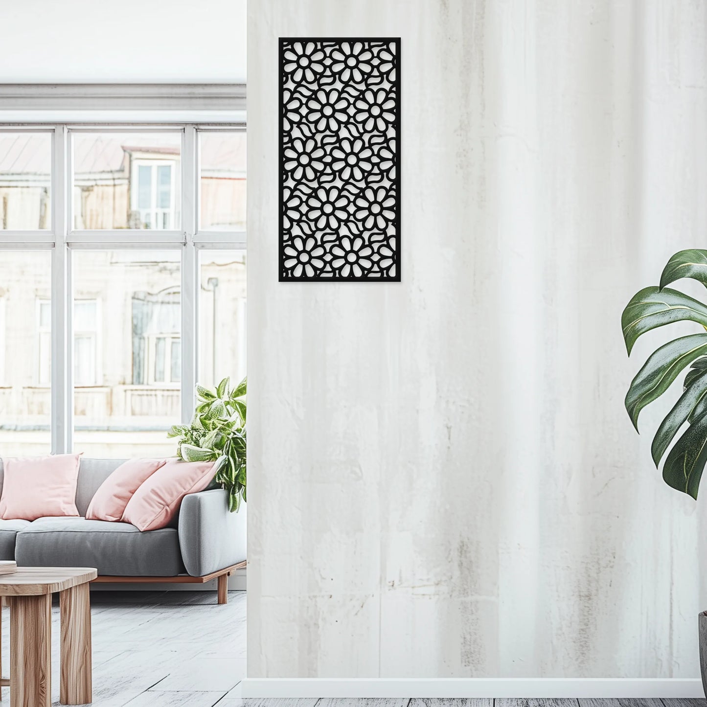 Kvetinový ornament, rozkvitnuté sedmokrásky - Drevená dekorácia na stenu